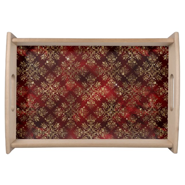 Gold Holiday Christmas Metallic Damask Elegant Serving Tray (Front)