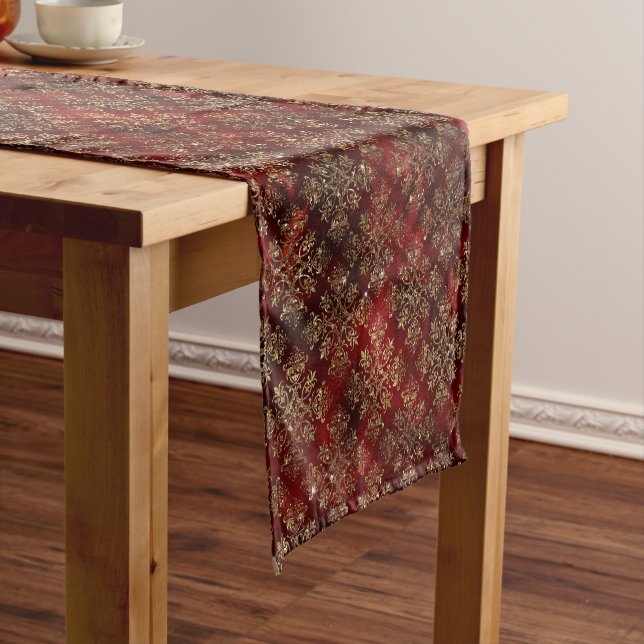 Gold Holiday Christmas Metallic Damask Short Table Runner (In Situ)