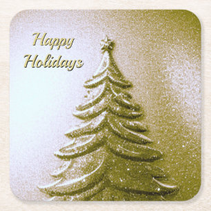 Gold Holiday Christmas Tree Paper Coaster