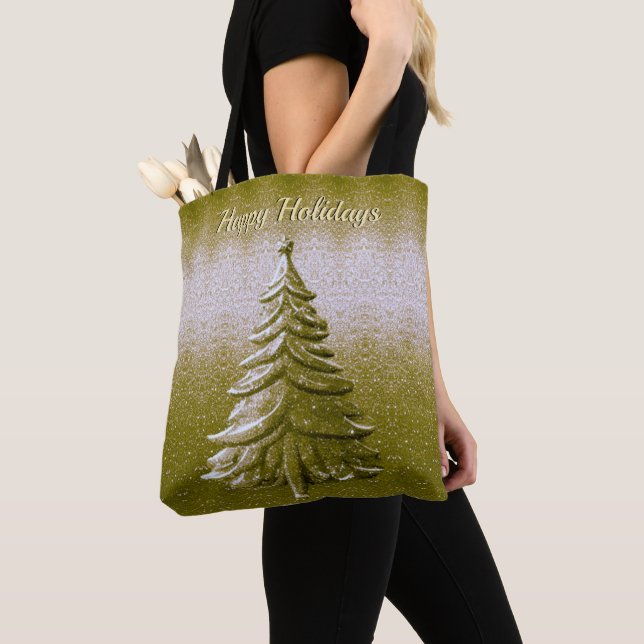 Gold Holiday Christmas Tree Tote Bag (Close Up)
