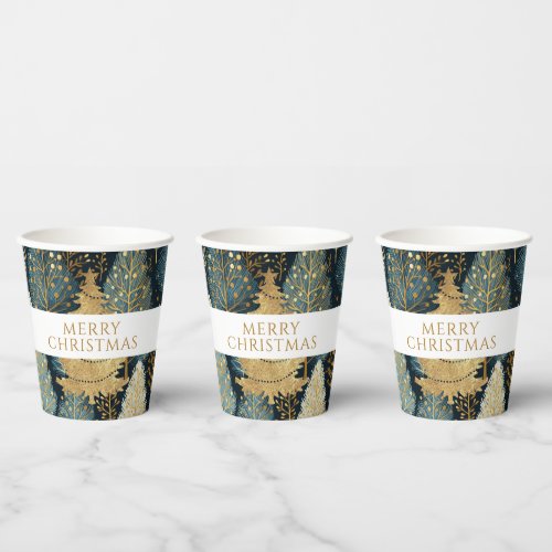 Gold Holiday Forest Merry Christmas Paper Cups