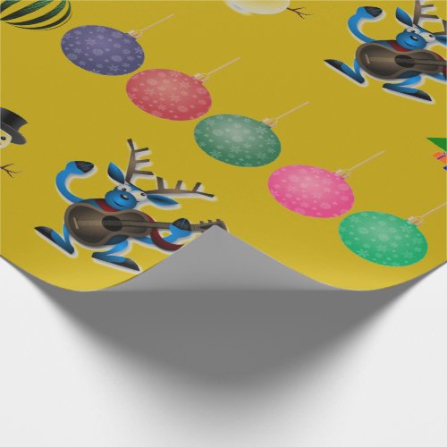 Gold  Holiday Fun Deer Snowman Wrapping Paper