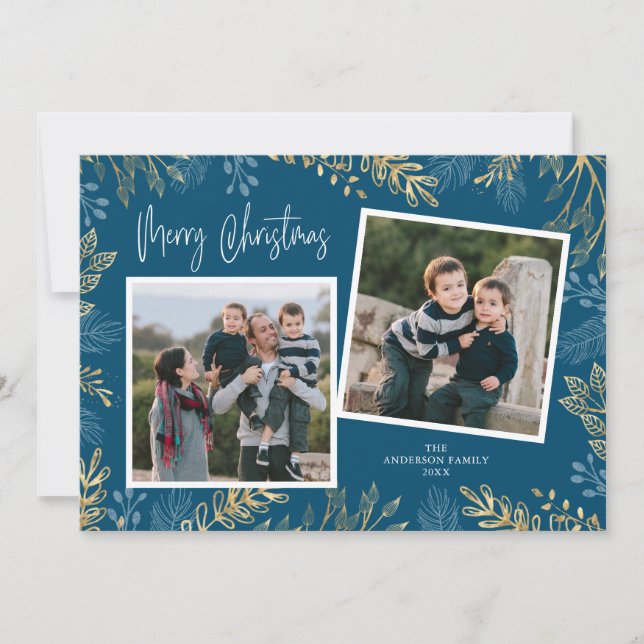 Gold Holiday Greenery Dark Blue 2 Photo Christmas Card (Front)