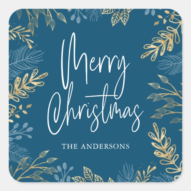 Gold Holiday Greenery on Dark Blue Christmas Square Sticker (Front)