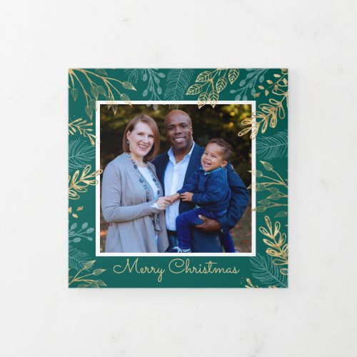 Gold Holiday Greenery on Teal 4 Photo Christmas Tri_Fold Holiday Card