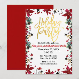 Gold Holiday Party Poinsettia Floral Christmas Invitation