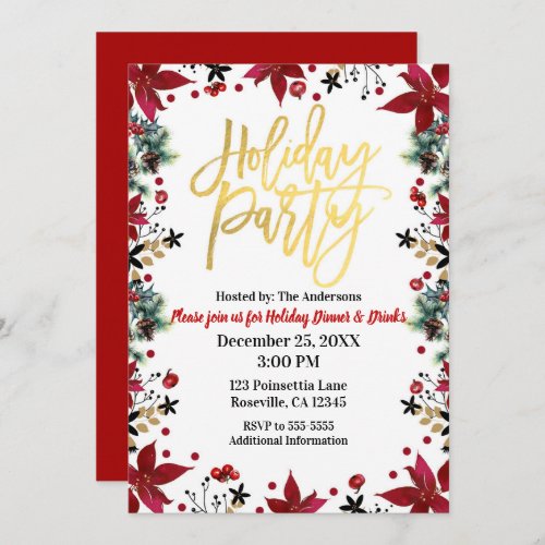 Gold Holiday Party Poinsettia Floral Christmas Invitation