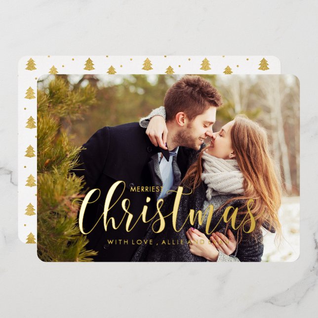 Gold Holiday Pines Photo Greeting Foil Invitation (Front/Back)