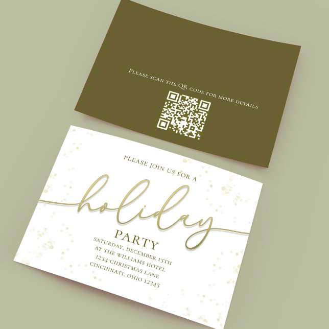 Gold Holiday Script Custom Party  Invitation (Holiday party gold gradient calligraphy script invitation. With a scannable QR Code.)