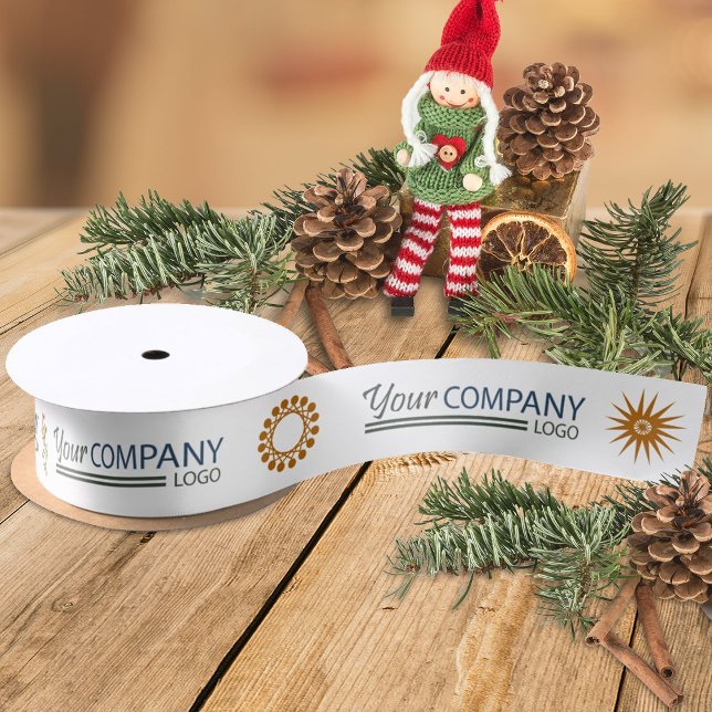 Gold Holiday Snowflake Branded Business Logo Satin Ribbon (white, gold, beige, terracotta christmas ribbon with business logo, promotional holiday gift ribbon)