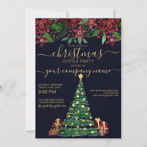 Gold Holiday Tree Gifts Floral Corporate Christmas Invitation