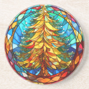 Gold Holiday Tree Stained Glass Christmas Coaster