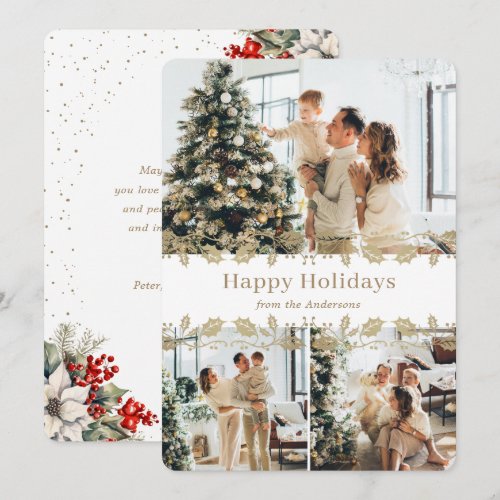 Gold Holly Berries Poinsettia Snow Photo Collage Holiday Card