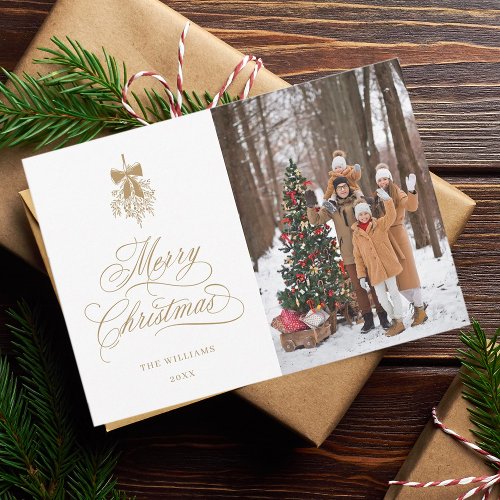 Gold Holly Berry Bouquet Christmas Photo Flat Holiday Card