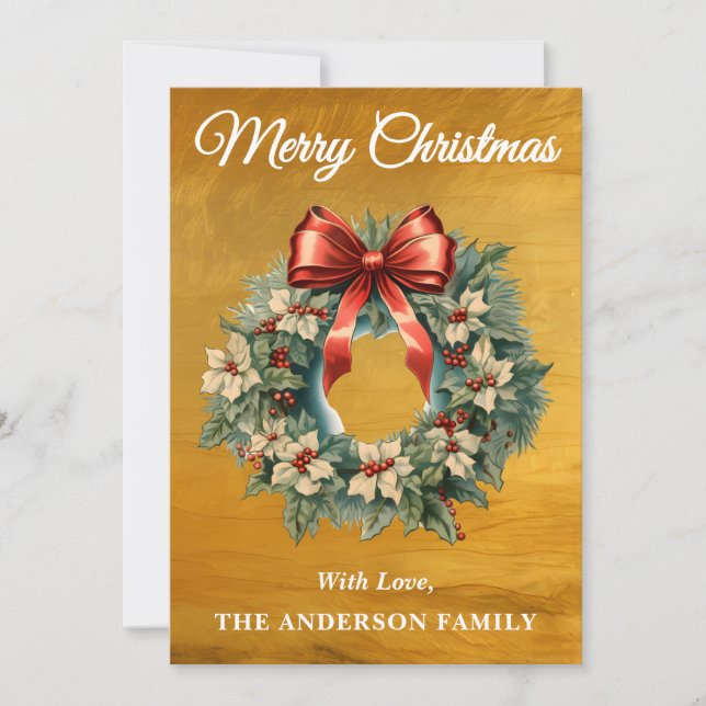 Gold Holly Berry Christmas Wreath Holiday Card (Front)
