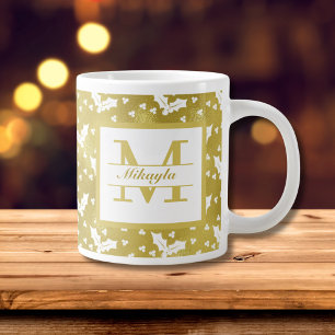 Gold Holly Botanical Monogram Christmas Giant Coffee Mug