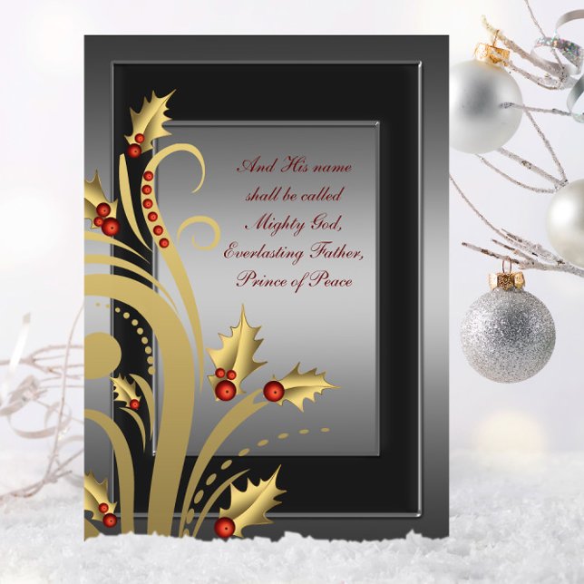 Gold Holly Christian Christmas Cards (Christian Christmas card with elegant red and gold holly swirl.)