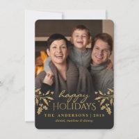 Gold Holly Happy Holiday Photo Flat Card