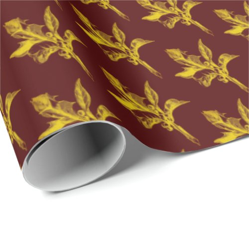 Gold Holly Leaves and Berries on Burgundy Wrapping Paper