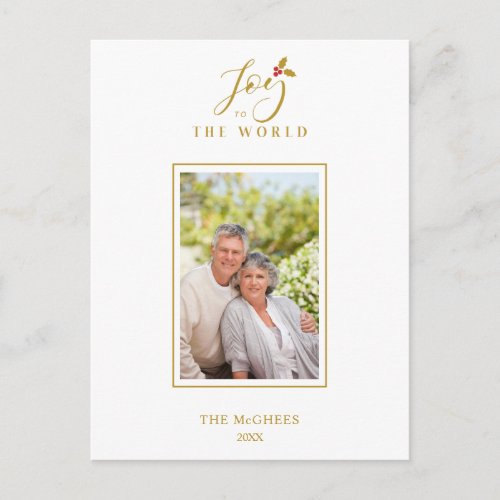 Gold Holly Minimalist Chic Christmas Photo Family Postcard