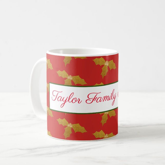 Gold Holly on Red Customizable Coffee Mug (Front Left)