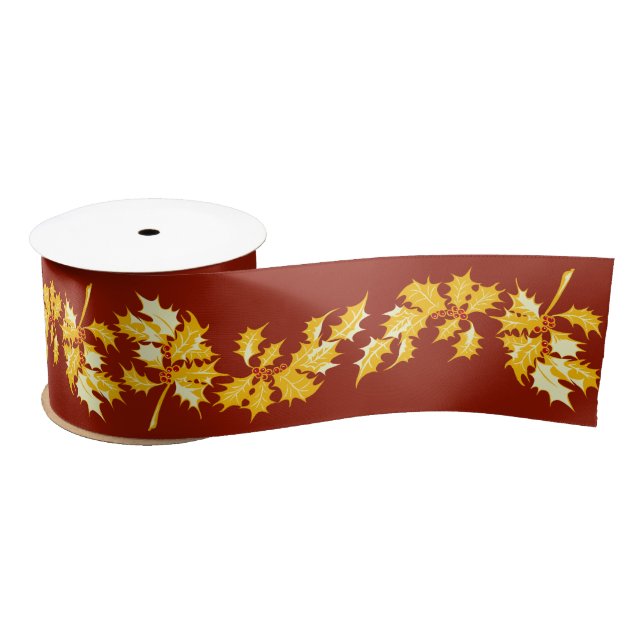 Gold Holly on Red Satin Ribbon (Spool)