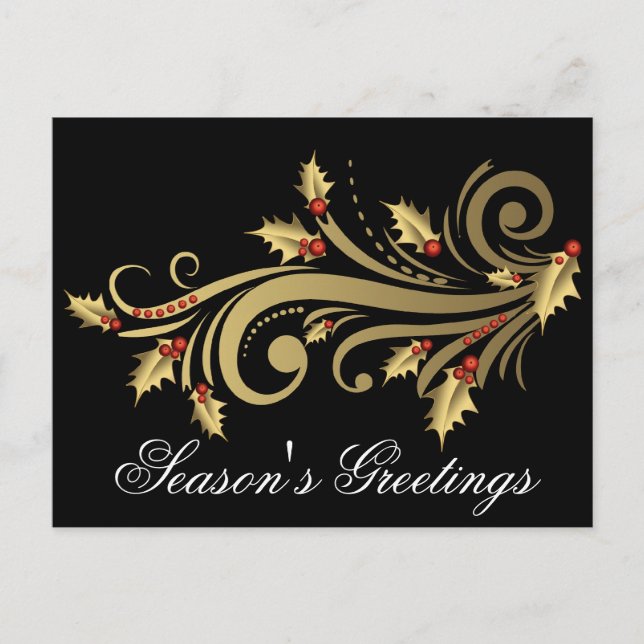 Gold Holly & Scroll Customizable Holiday Postcard (Front)