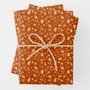 Gold Holly Wrapping Paper Sheets