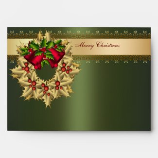 Gold Holly Wreath Green Christmas Envelopes