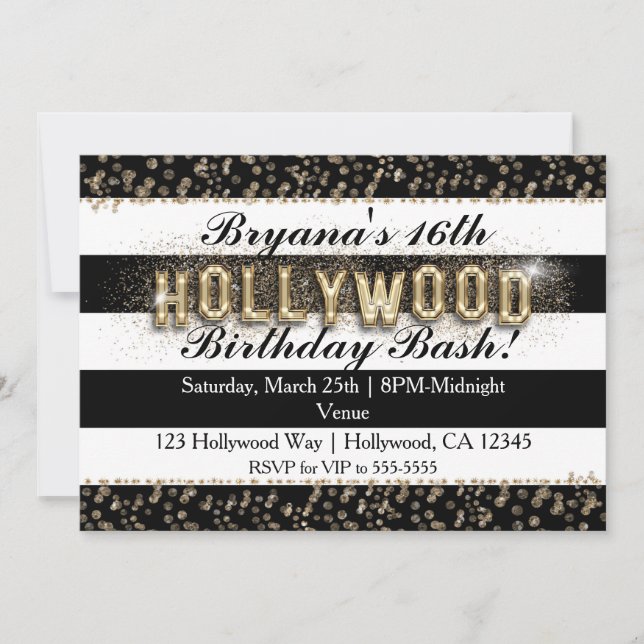 Gold Hollywood Black & White Stripes Invitations (Front)