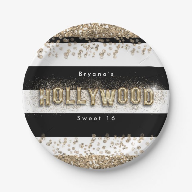 Gold Hollywood Black & White Stripes Party Plates (Front)