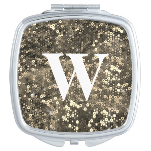 Gold Hologram Sequin Glitter Party Monogram Compact Mirror