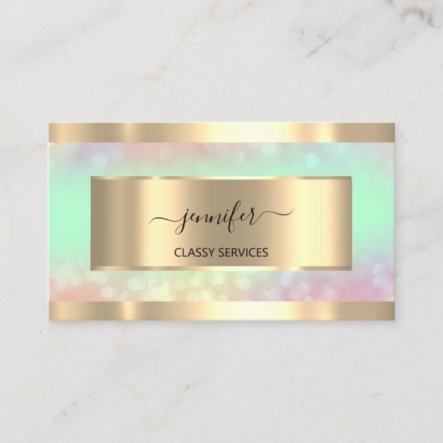 Gold  Holograph Nail Salon Mint  Hairdresser OMBRÉ Business Card (Front)