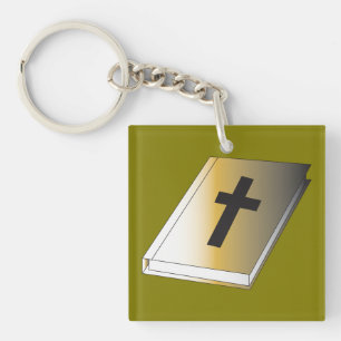 Gold Holy Bible with Black Cross Religious Keychain