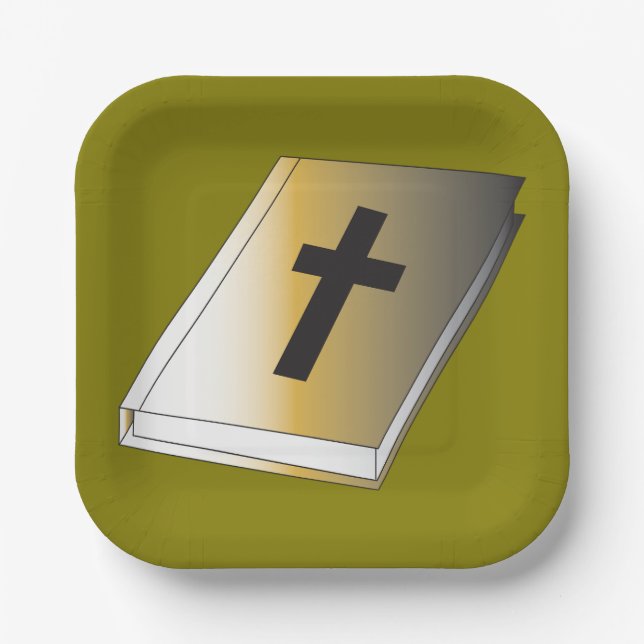 Gold Holy Bible with Black Cross Religious Paper Plates (Front)