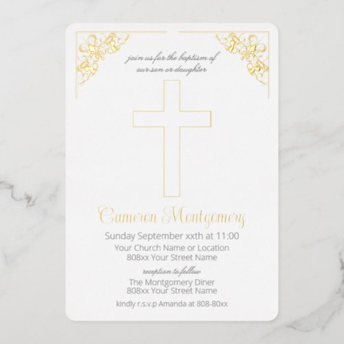 Gold Holy Cross for Boy or Girl Baptism  Foil Invitation