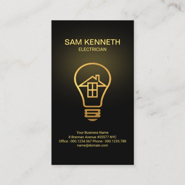Gold Home Bulb Gold Shadow Electrician Business Card (Front)