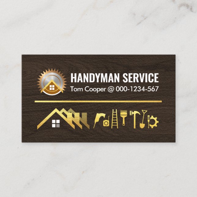 Gold Home Handyman Tools On Timber Business Card (Front)