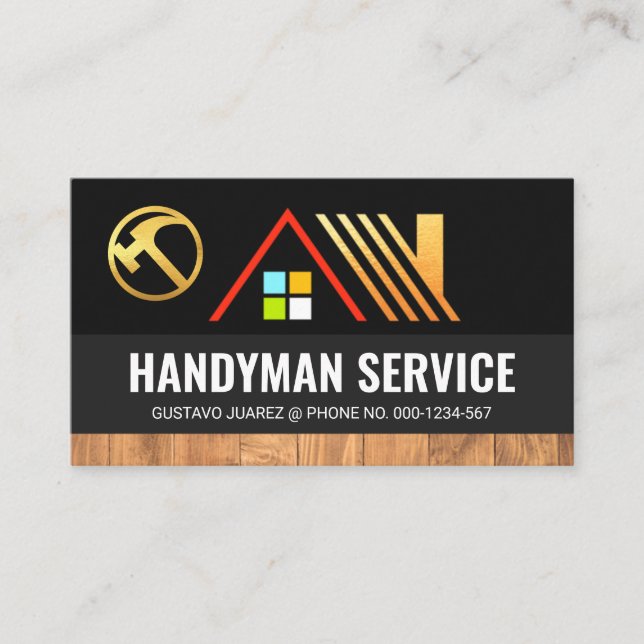 Gold Home On Grey Layers Wood Grain Business Card (Front)