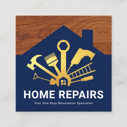 Gold Home Repair Tools Wood Building Silhouette Square Business Card