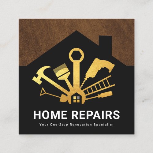 Gold Home Repairs Tools Black Building Silhouette Square Business Card