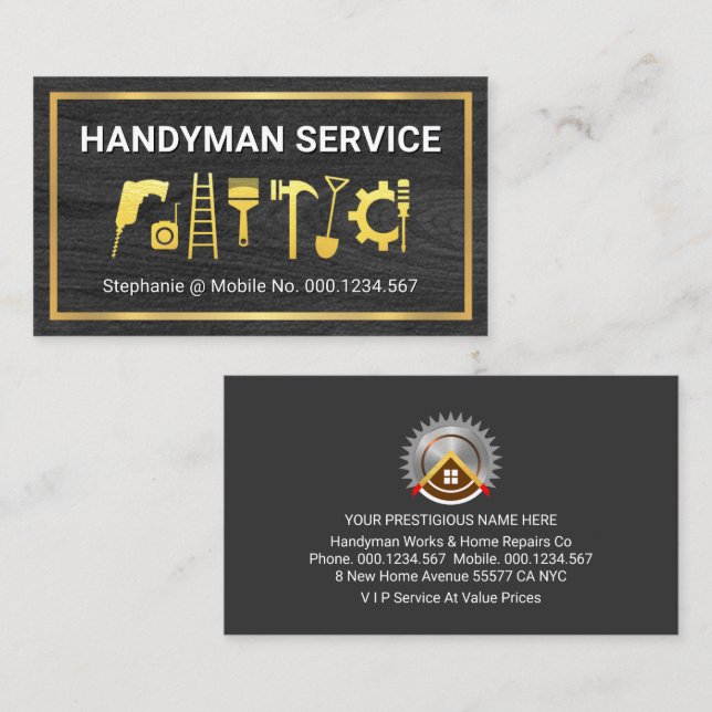 Gold Home Tools On Timber Wood Business Card (Front/Back)