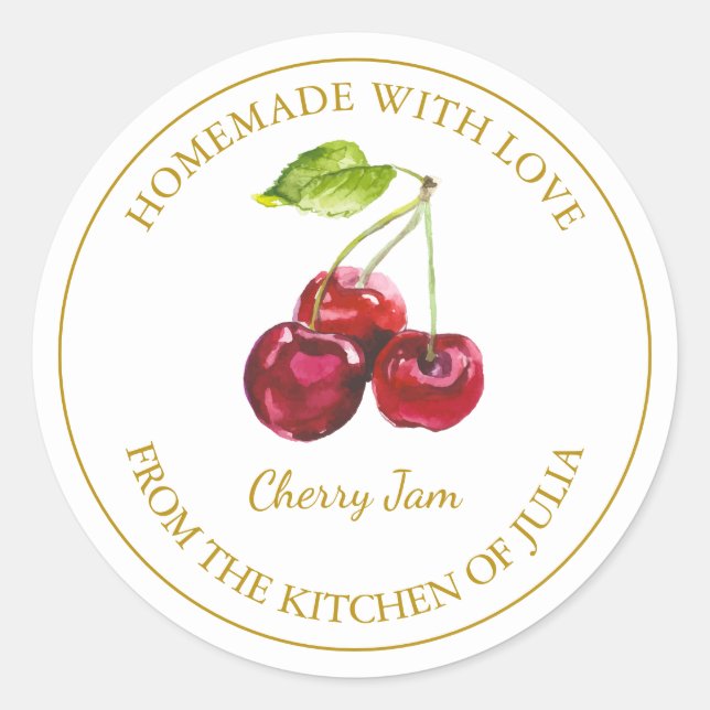 Gold Homemade Cherry Jam Label | White (Front)