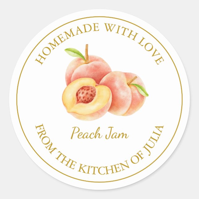 Gold Homemade Peach Jam Label | White (Front)