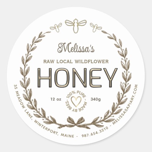 Gold Honey Embossed Text Bees Heart Wreath Taupe Classic Round Sticker