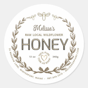 Gold Honey Embossed Text Bees Heart Wreath Taupe Classic Round Sticker