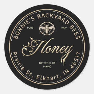 Gold Honey Script Floral Font Heraldic Bee Black C Classic Round Sticker