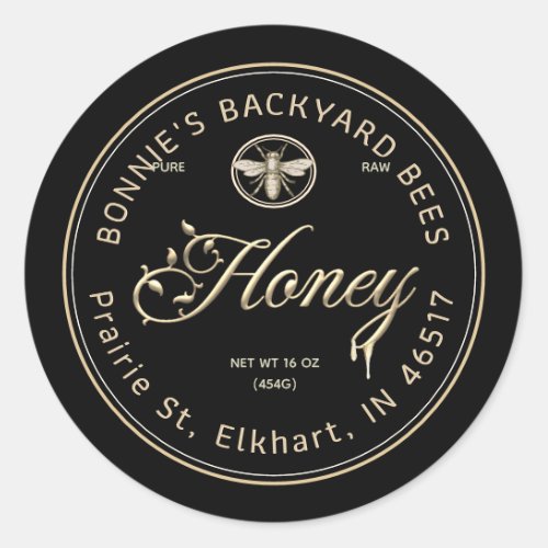 Gold Honey Script Floral Font Heraldic Bee Black C Classic Round Sticker