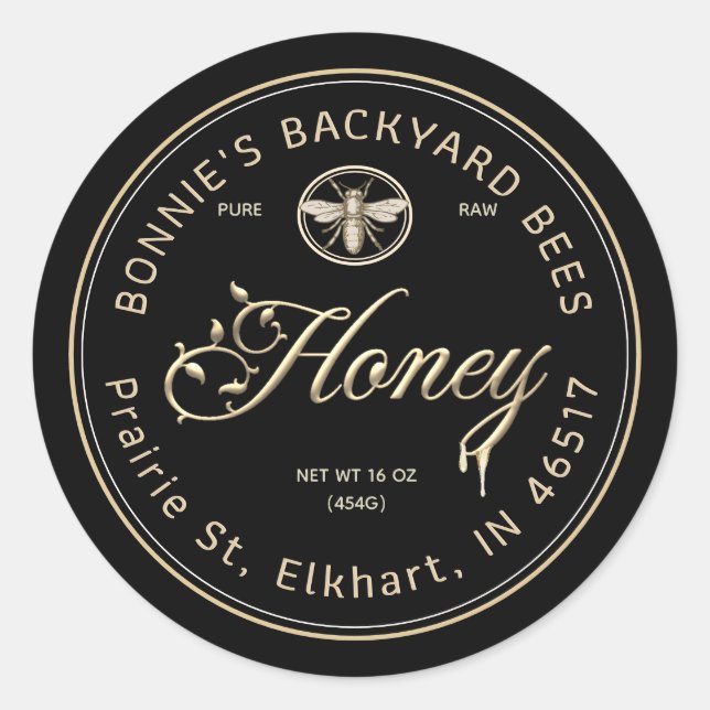 Gold Honey Script Floral Font Heraldic Bee Black Classic Round Sticker (Front)