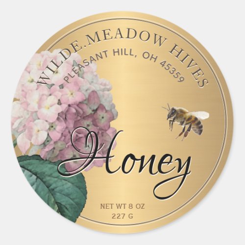 Gold Honey Sticker with bee pink hydrangea flower